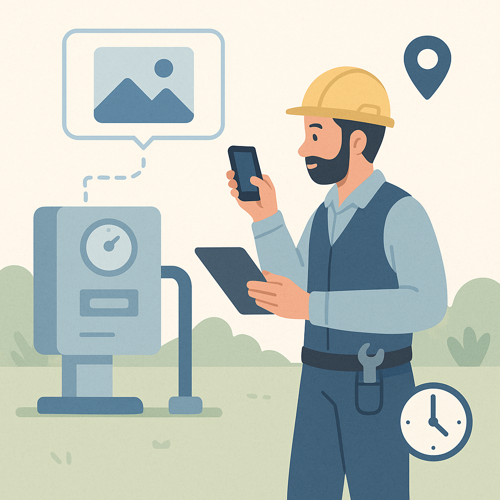 Técnico de campo executando manutenção com tablet.