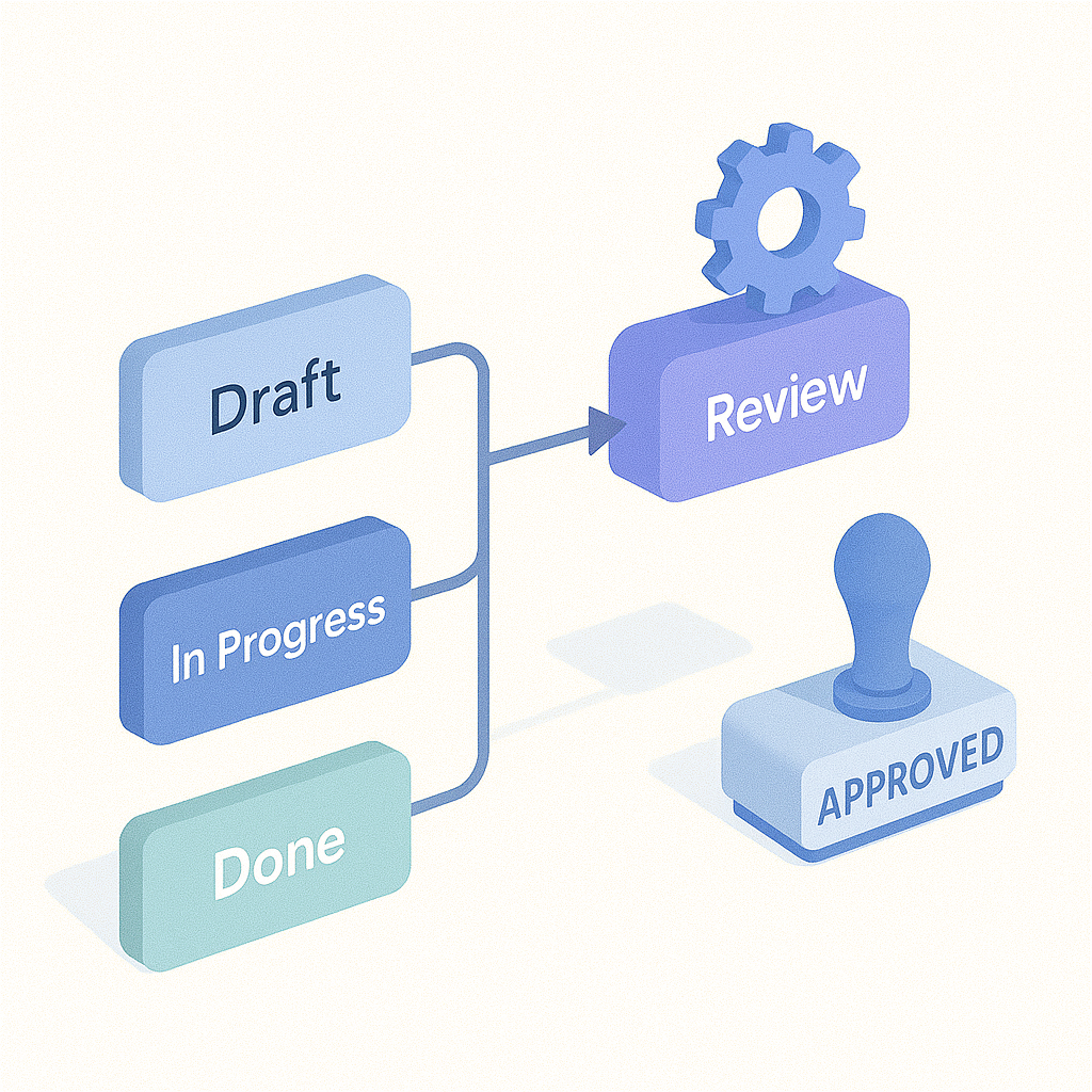 Fluxo visual de processos com aprovações e status.