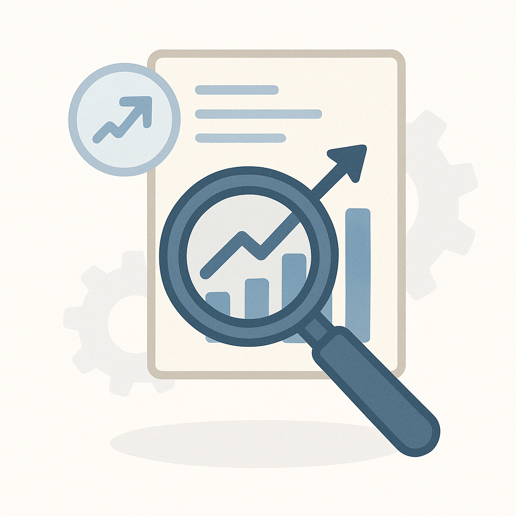 Gráfico com lupa representando descoberta de oportunidades.