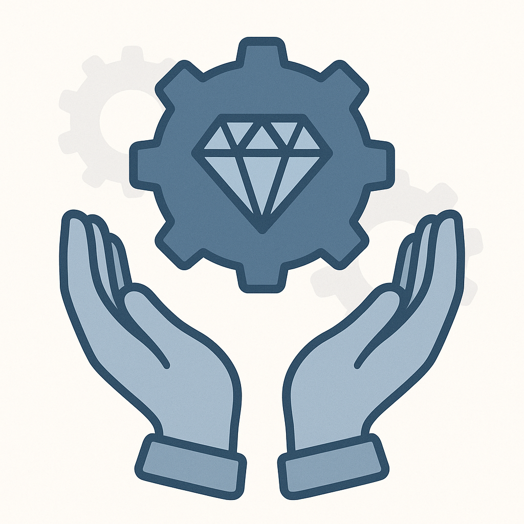 Mãos segurando um símbolo que representa valor e cuidado com ativos.